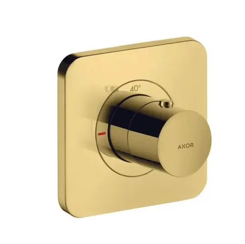 Thermostat für Unterputzmontage in polierter Goldoptik. Geräte von AXOR, mit einem runden Drehknopf zur Temperatureinstellung und einer Skala, die 40°C anzeigt.